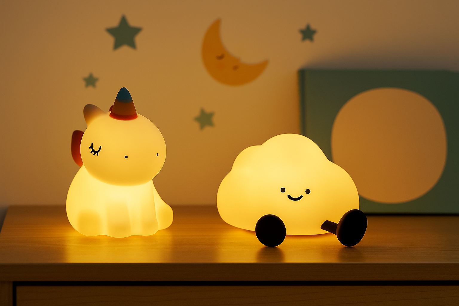 Two cartoon-style night lights, one shaped like a cat and the other like a cloud, on a wooden surface with a child-friendly wall design in the background.